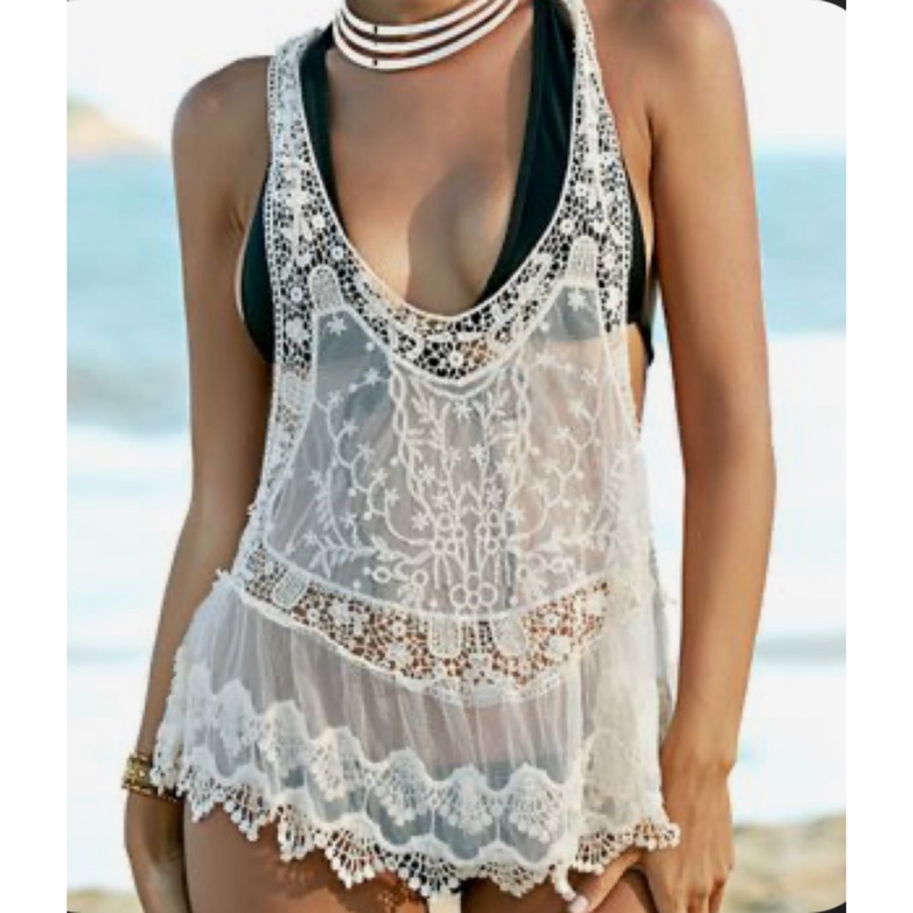 Last 1 M! New Bohemian Crochet & Lace Tank Top Swim Coverup - Picture 3 of 16
